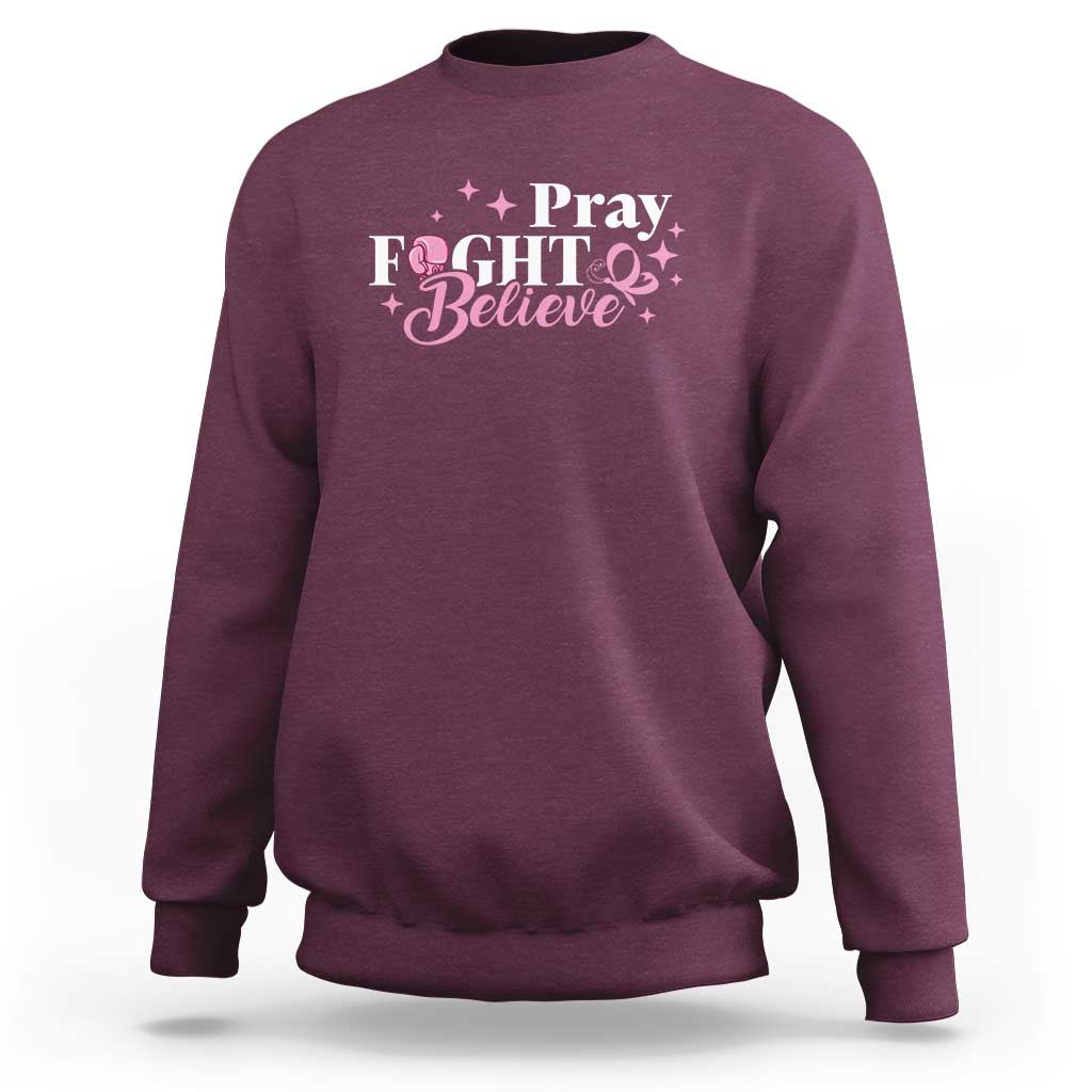 Breast Cancer Awareness Sweatshirt Pray Fight Believe Boxing Glove Pink Ribbon Butterfly - Wonder Print Shop