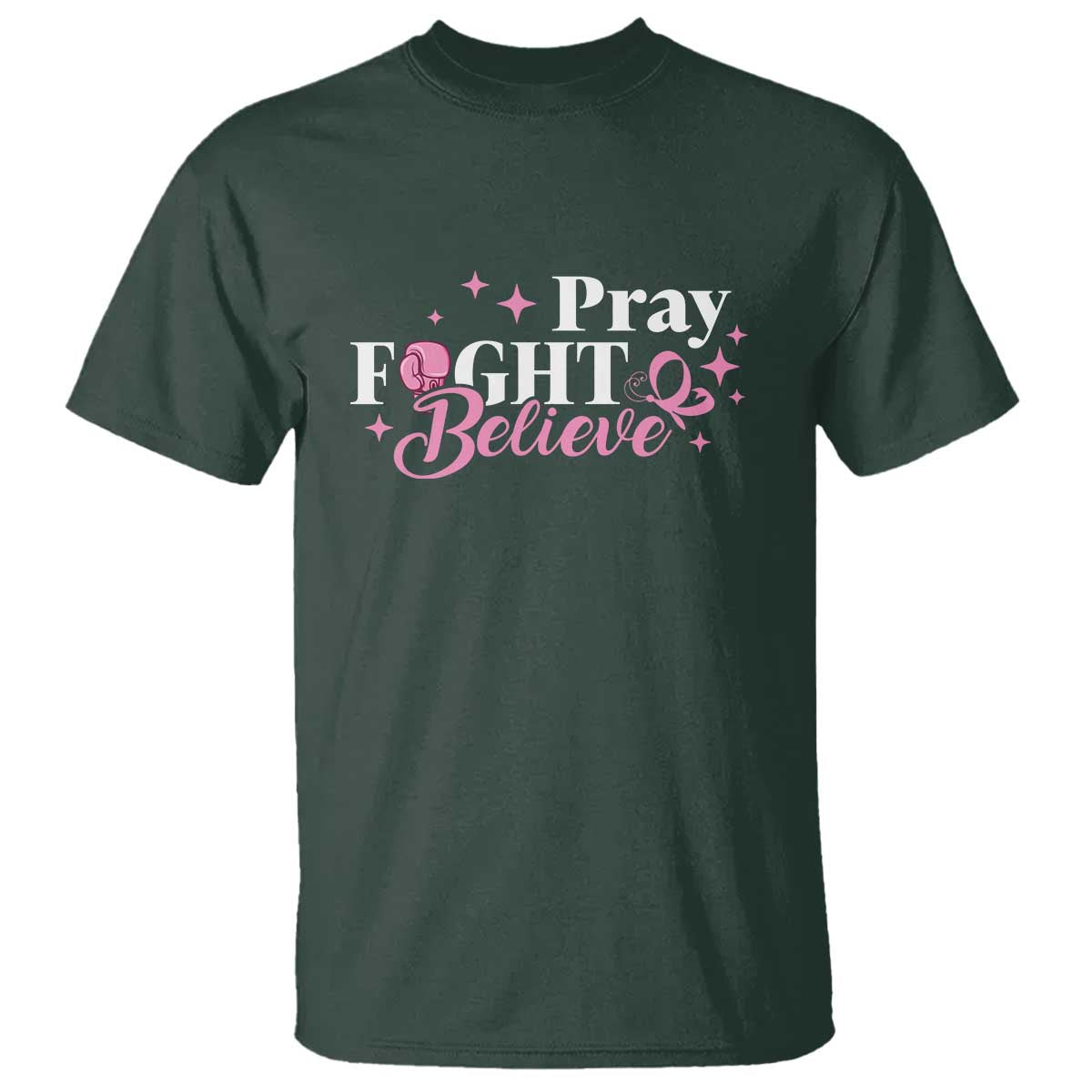 Breast Cancer Awareness T Shirt Pray Fight Believe Boxing Glove Pink Ribbon Butterfly - Wonder Print Shop