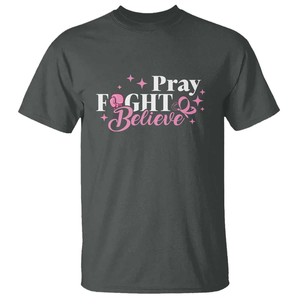 Breast Cancer Awareness T Shirt Pray Fight Believe Boxing Glove Pink Ribbon Butterfly - Wonder Print Shop