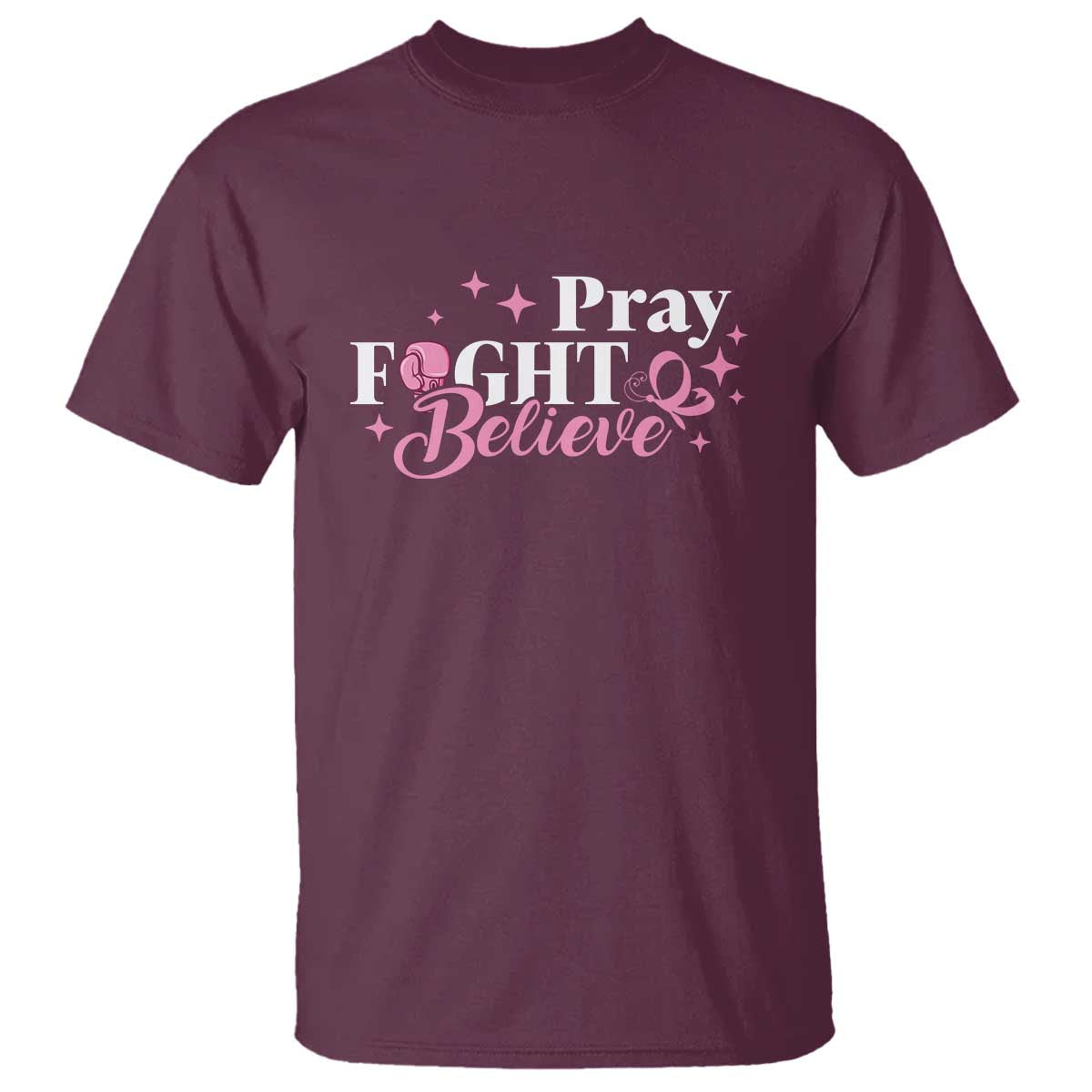 Breast Cancer Awareness T Shirt Pray Fight Believe Boxing Glove Pink Ribbon Butterfly - Wonder Print Shop