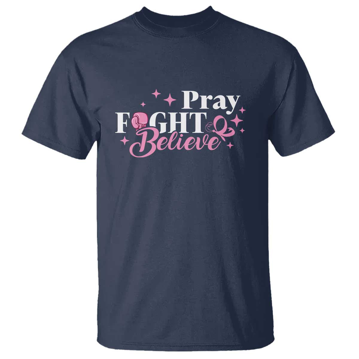 Breast Cancer Awareness T Shirt Pray Fight Believe Boxing Glove Pink Ribbon Butterfly - Wonder Print Shop