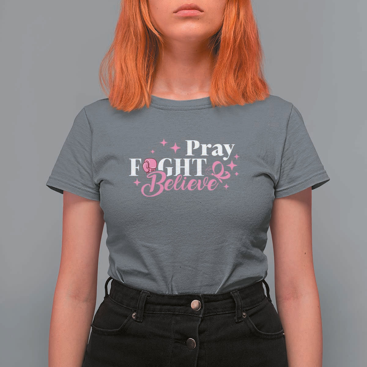 Breast Cancer Awareness T Shirt For Women Pray Fight Believe Boxing Glove Pink Ribbon Butterfly - Wonder Print Shop
