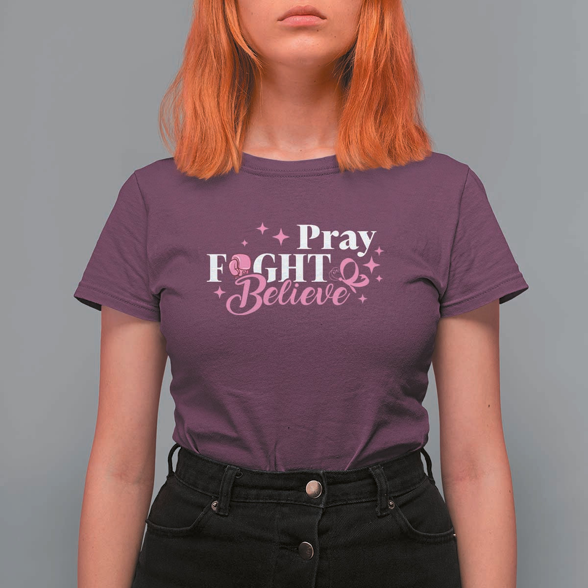 Breast Cancer Awareness T Shirt For Women Pray Fight Believe Boxing Glove Pink Ribbon Butterfly - Wonder Print Shop