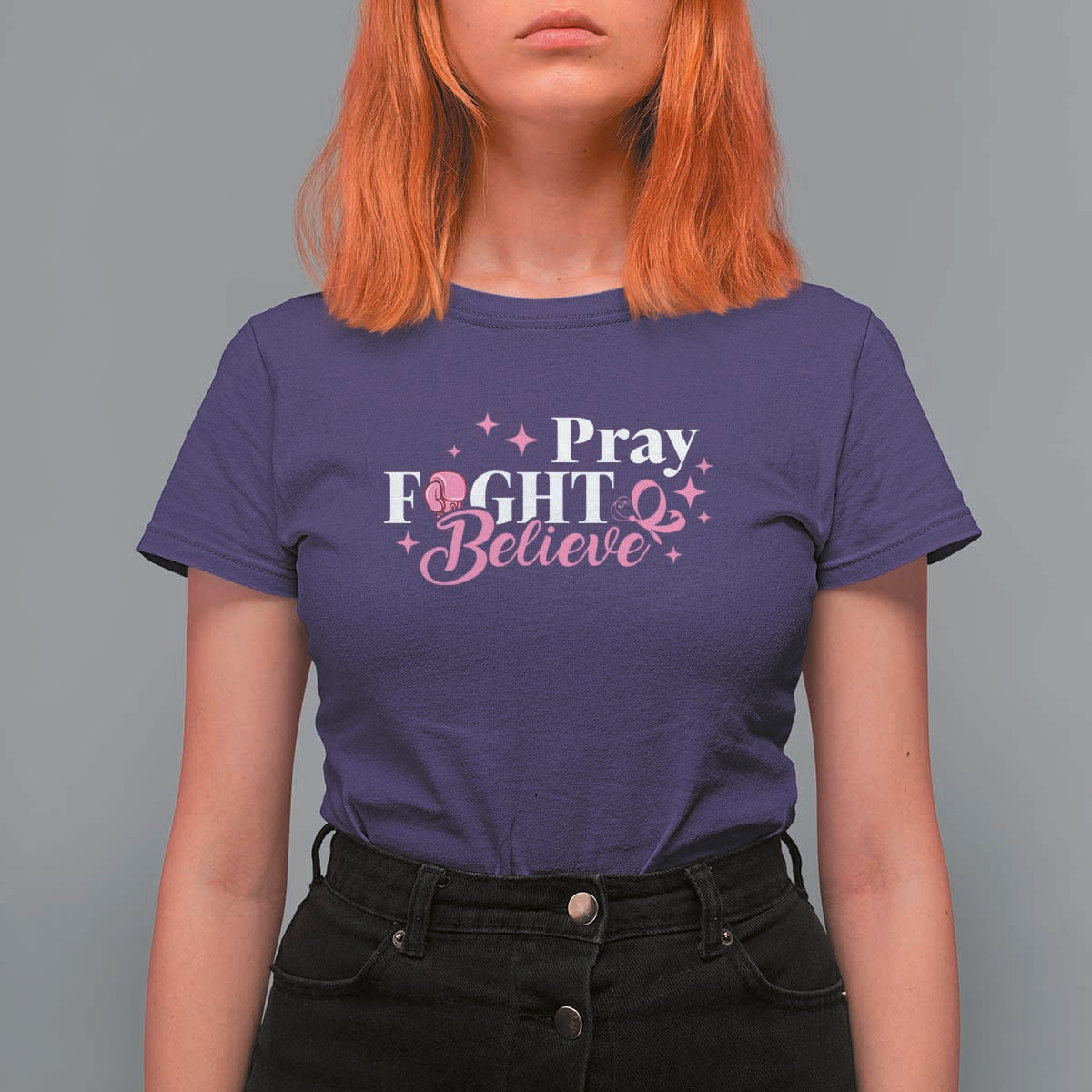Breast Cancer Awareness T Shirt For Women Pray Fight Believe Boxing Glove Pink Ribbon Butterfly - Wonder Print Shop