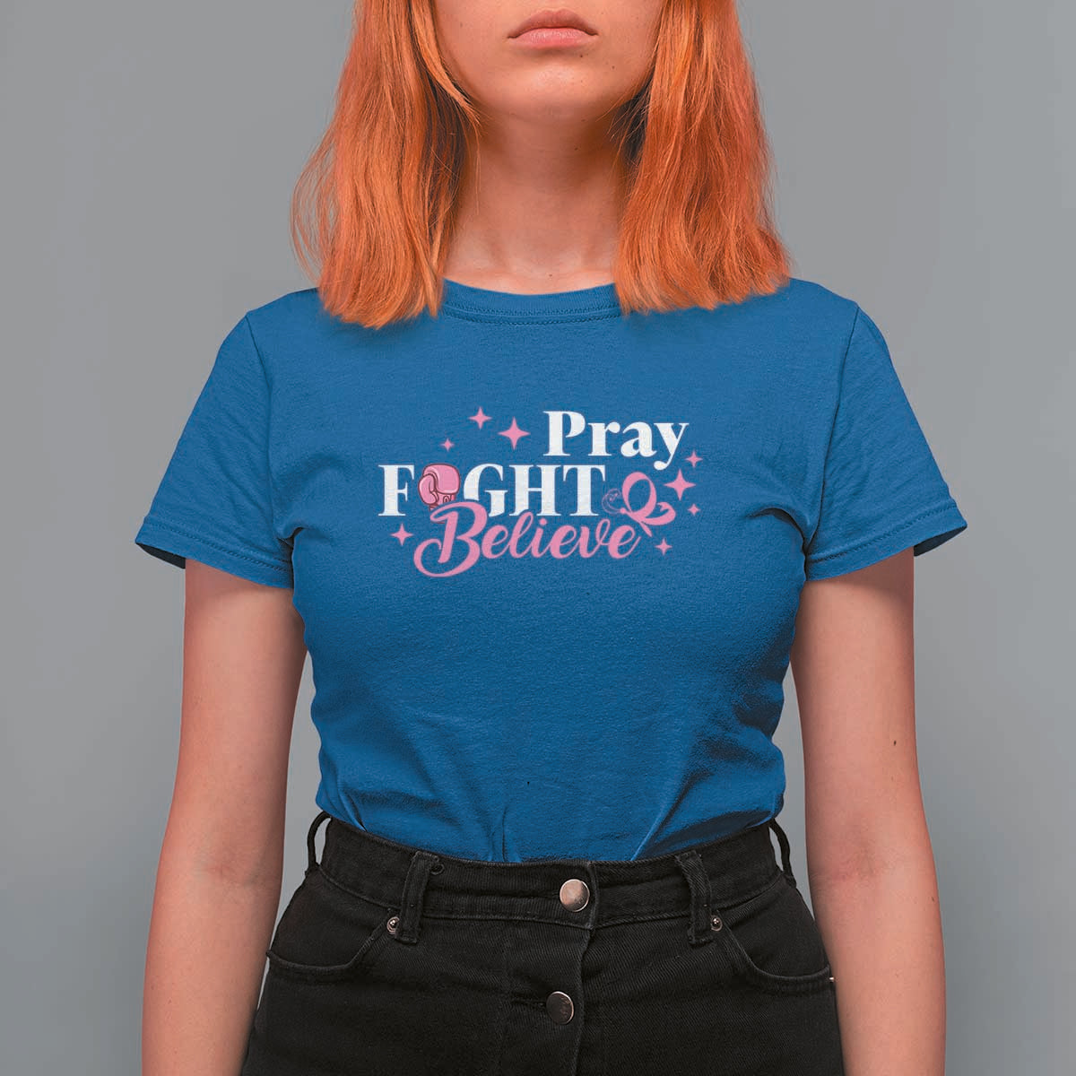 Breast Cancer Awareness T Shirt For Women Pray Fight Believe Boxing Glove Pink Ribbon Butterfly - Wonder Print Shop