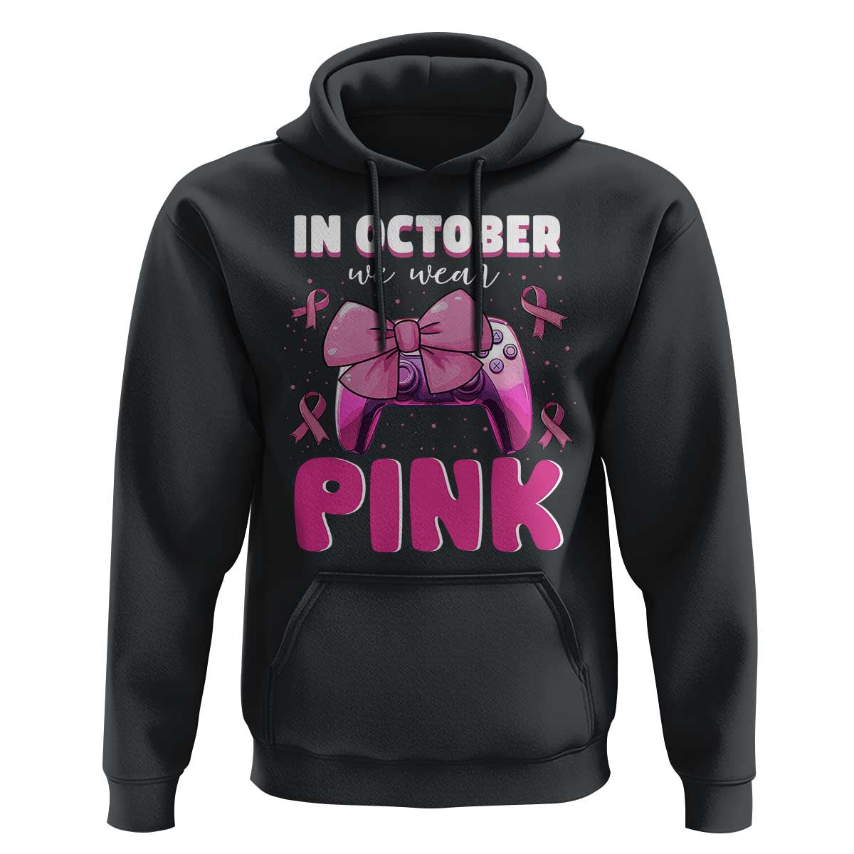 In October We Wear Pink Hoodie Breast Cancer Awareness Game Console Pink Bow