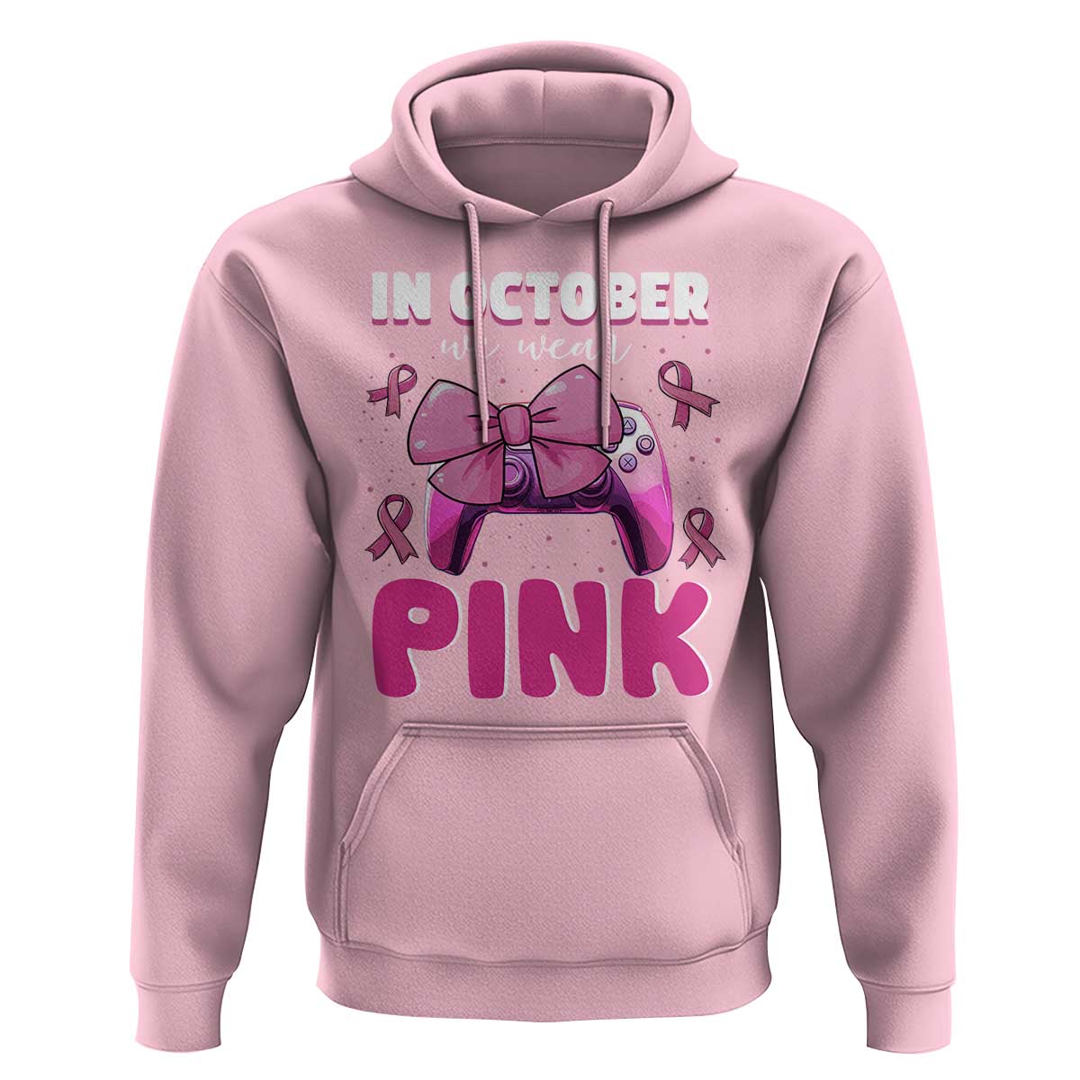 In October We Wear Pink Hoodie Breast Cancer Awareness Game Console Pink Bow