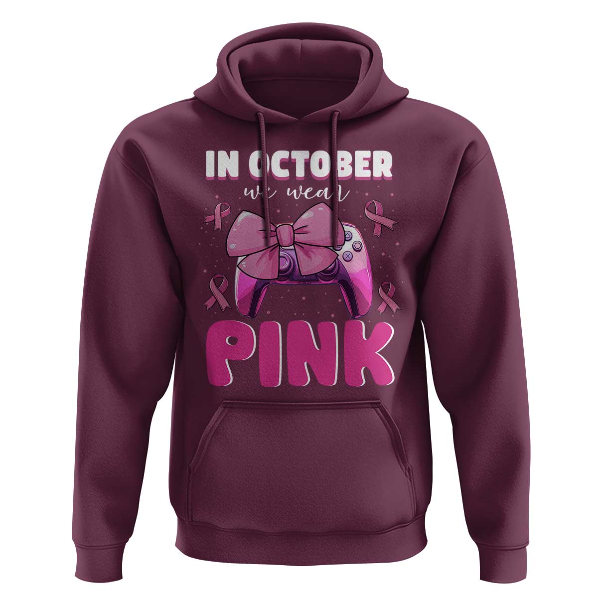 In October We Wear Pink Hoodie Breast Cancer Awareness Game Console Pink Bow
