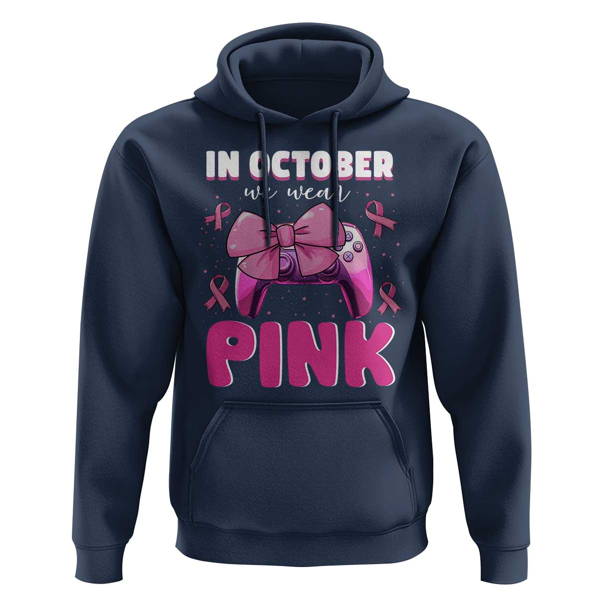 In October We Wear Pink Hoodie Breast Cancer Awareness Game Console Pink Bow