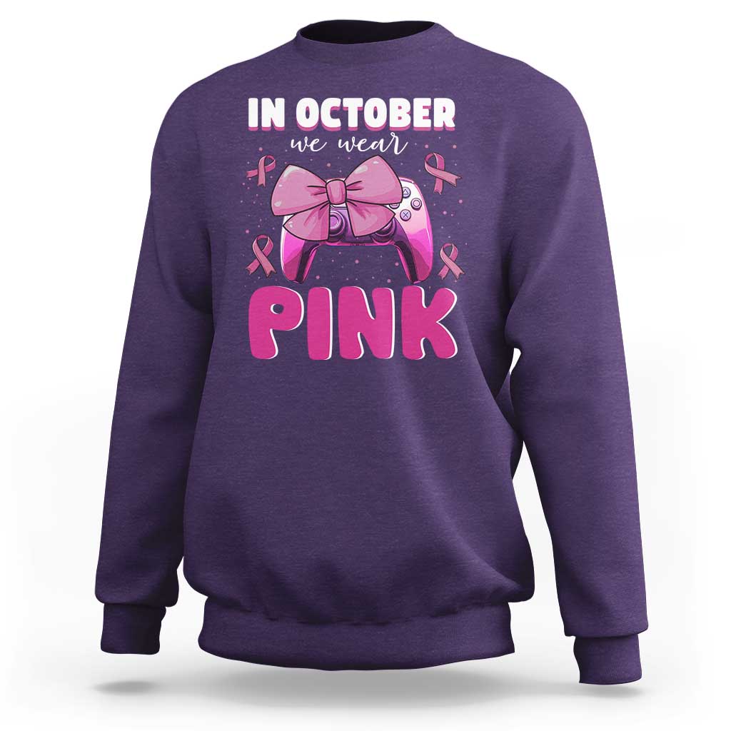 In October We Wear Pink Sweatshirt Breast Cancer Awareness Game Console Pink Bow - Wonder Print Shop