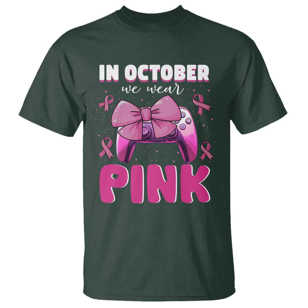 In October We Wear Pink T Shirt Breast Cancer Awareness Game Console Pink Bow - Wonder Print Shop