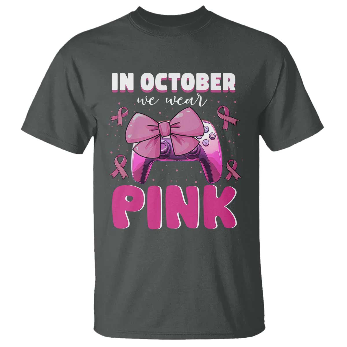 In October We Wear Pink T Shirt Breast Cancer Awareness Game Console Pink Bow - Wonder Print Shop