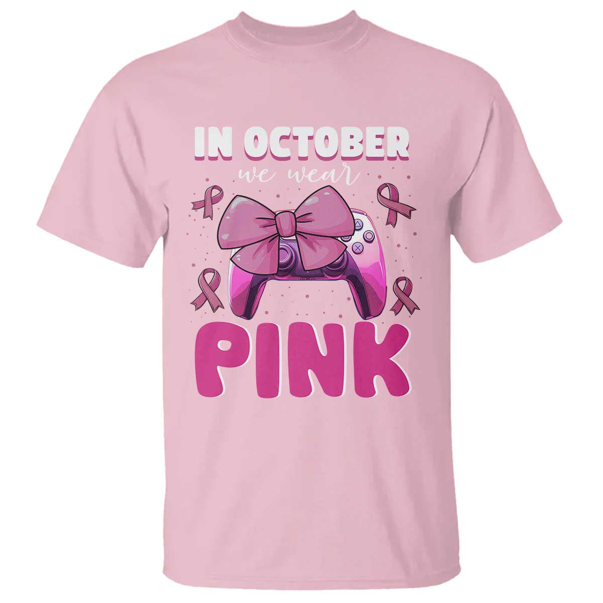 In October We Wear Pink T Shirt Breast Cancer Awareness Game Console Pink Bow - Wonder Print Shop