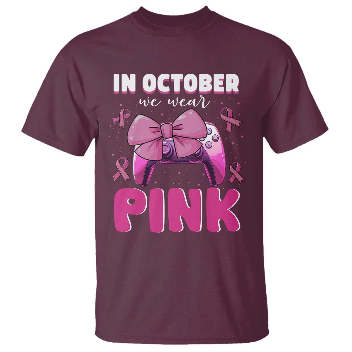 In October We Wear Pink T Shirt Breast Cancer Awareness Game Console Pink Bow - Wonder Print Shop