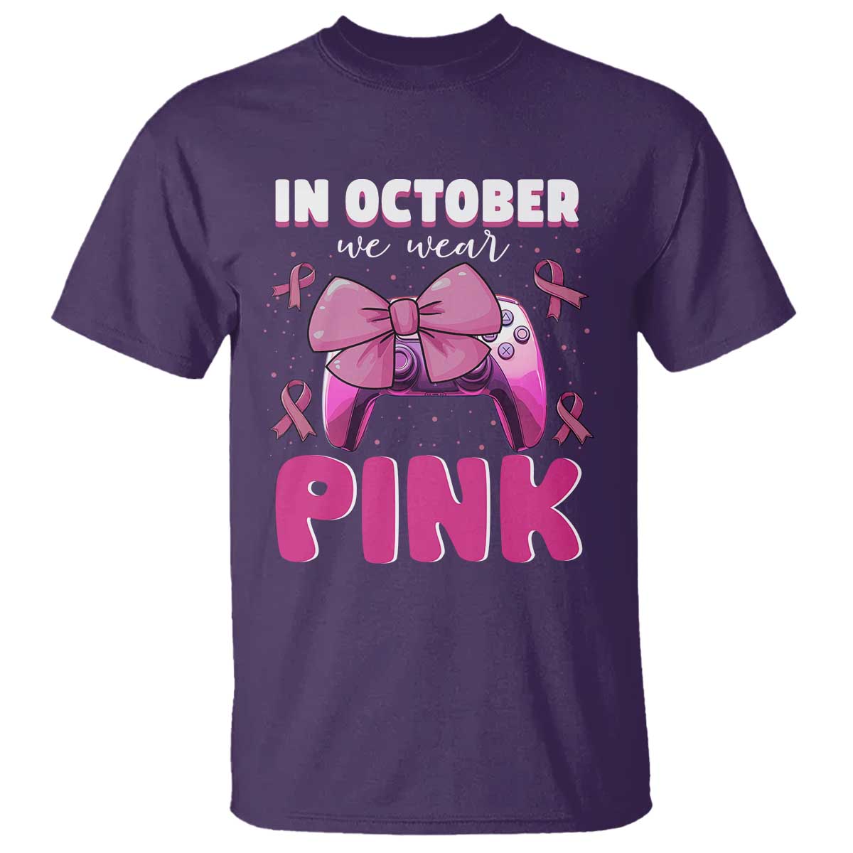 In October We Wear Pink T Shirt Breast Cancer Awareness Game Console Pink Bow - Wonder Print Shop