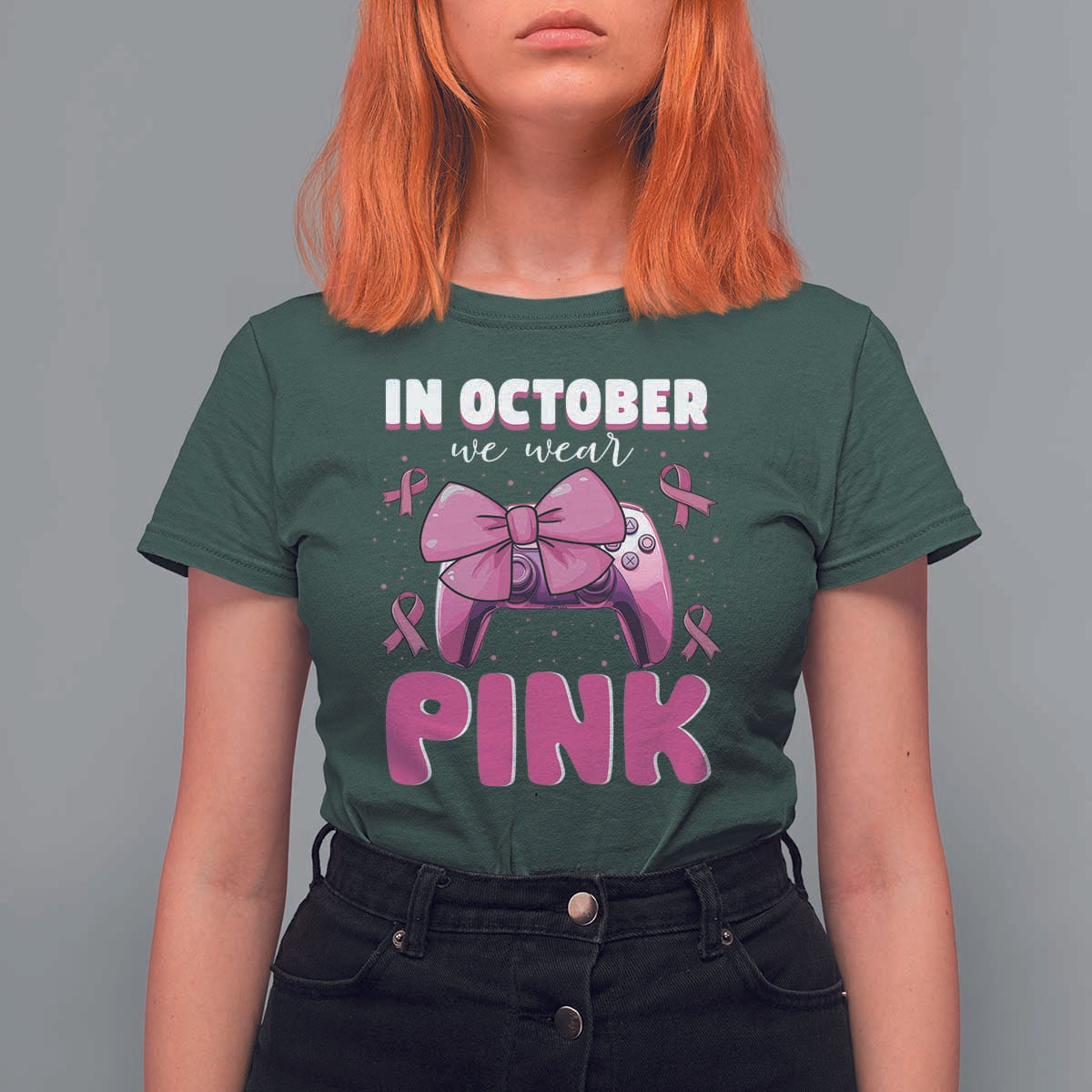 In October We Wear Pink T Shirt For Women Breast Cancer Awareness Game Console Pink Bow - Wonder Print Shop