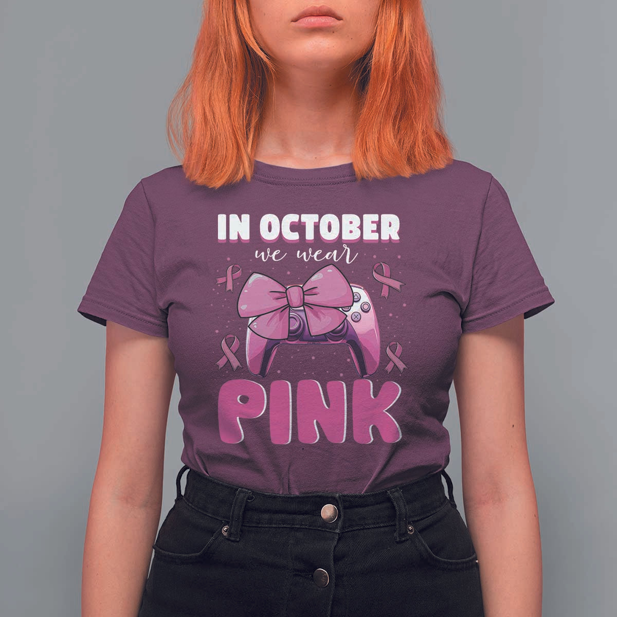In October We Wear Pink T Shirt For Women Breast Cancer Awareness Game Console Pink Bow - Wonder Print Shop