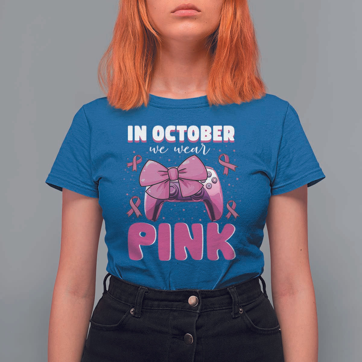 In October We Wear Pink T Shirt For Women Breast Cancer Awareness Game Console Pink Bow - Wonder Print Shop