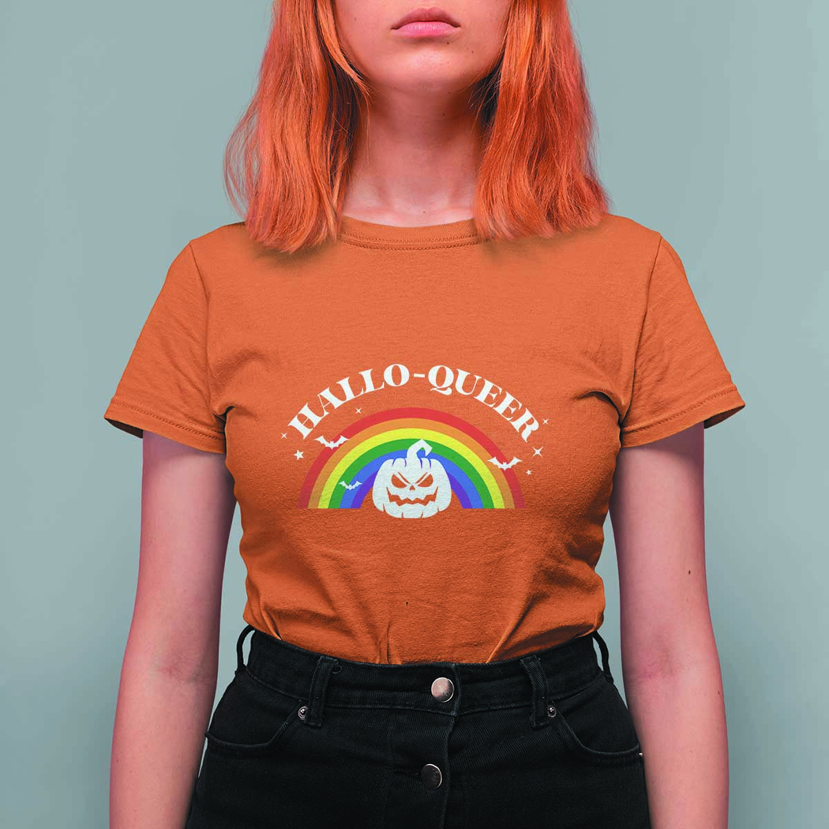 Halloween LGBT T Shirt For Women Hallo Queer Halloween Rainbow Pumpkin - Wonder Print Shop