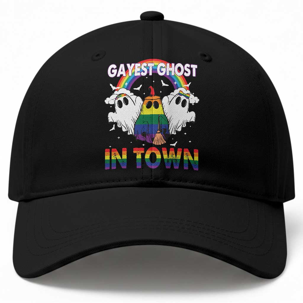 Funny Halloween LGBT Baseball Cap Gayest Ghost In Town Rainbow Flag