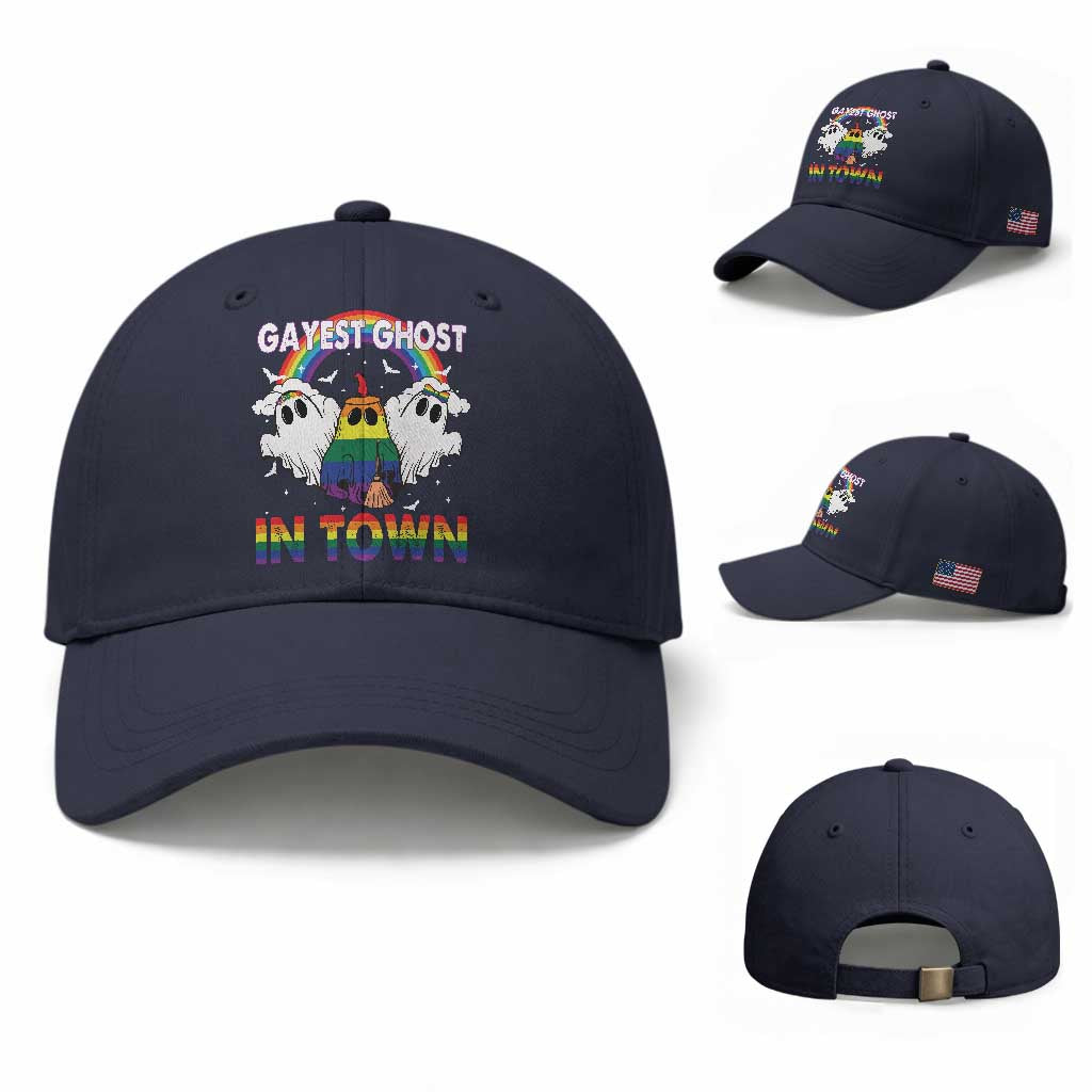 Funny Halloween LGBT Baseball Cap Gayest Ghost In Town Rainbow Flag
