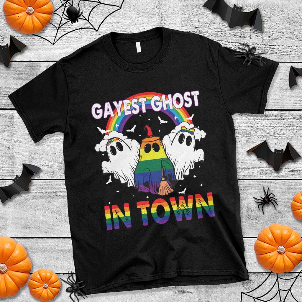 Funny Halloween LGBT T Shirt Gayest Ghost In Town Rainbow Flag - Wonder Print Shop