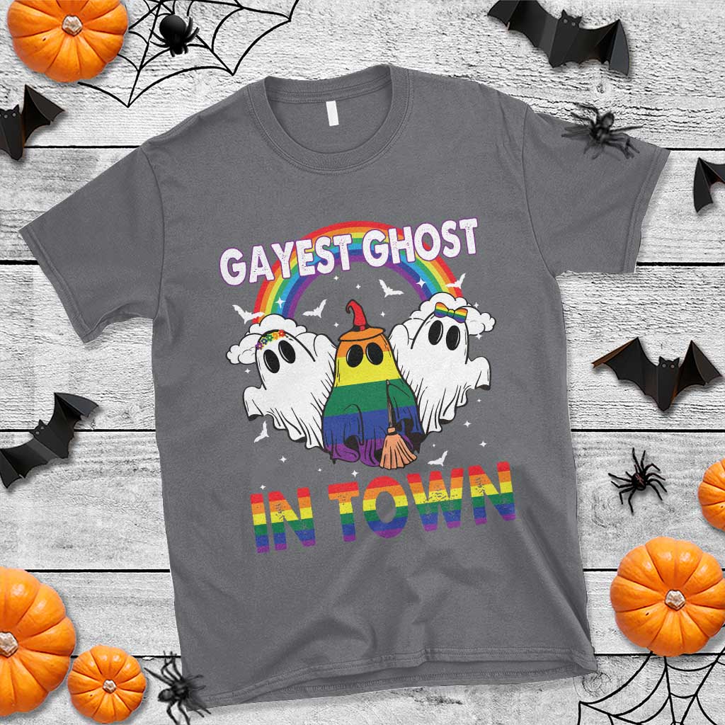Funny Halloween LGBT T Shirt Gayest Ghost In Town Rainbow Flag - Wonder Print Shop