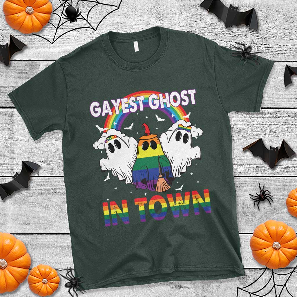 Funny Halloween LGBT T Shirt Gayest Ghost In Town Rainbow Flag - Wonder Print Shop