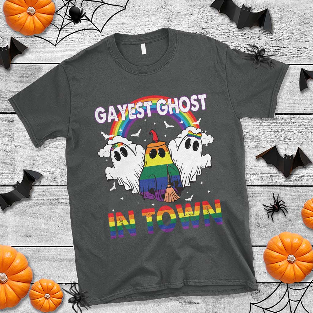 Funny Halloween LGBT T Shirt Gayest Ghost In Town Rainbow Flag - Wonder Print Shop