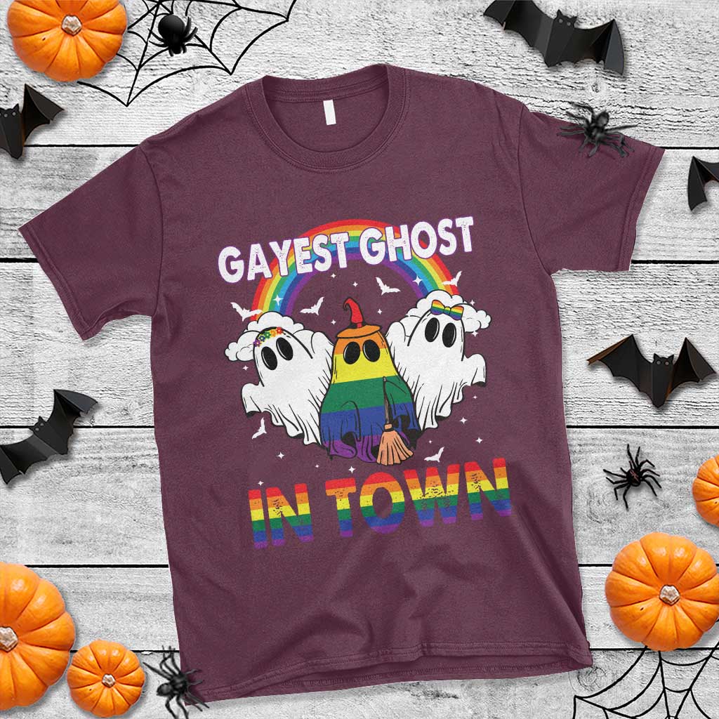 Funny Halloween LGBT T Shirt Gayest Ghost In Town Rainbow Flag - Wonder Print Shop