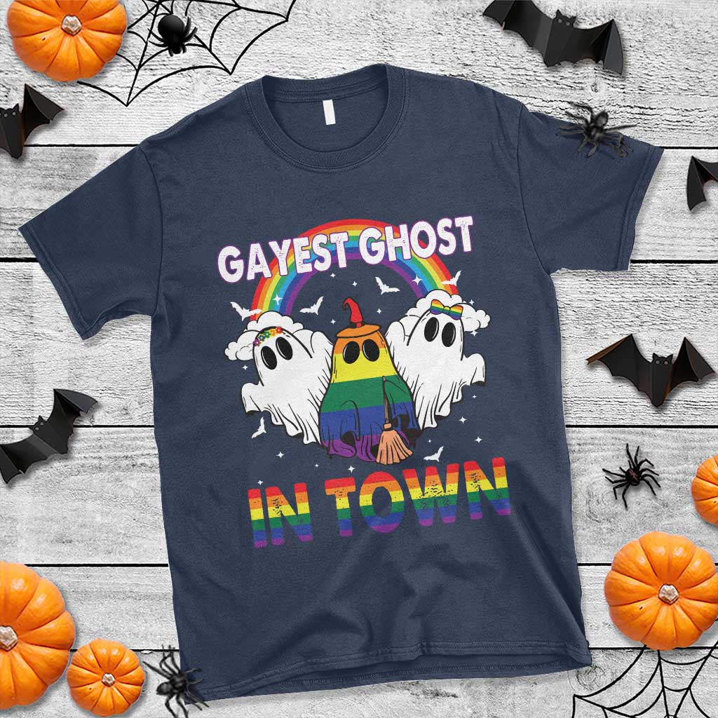 Funny Halloween LGBT T Shirt Gayest Ghost In Town Rainbow Flag - Wonder Print Shop