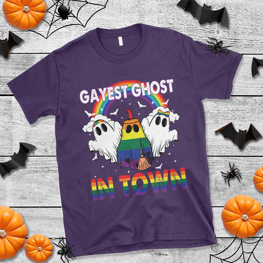 Funny Halloween LGBT T Shirt Gayest Ghost In Town Rainbow Flag - Wonder Print Shop