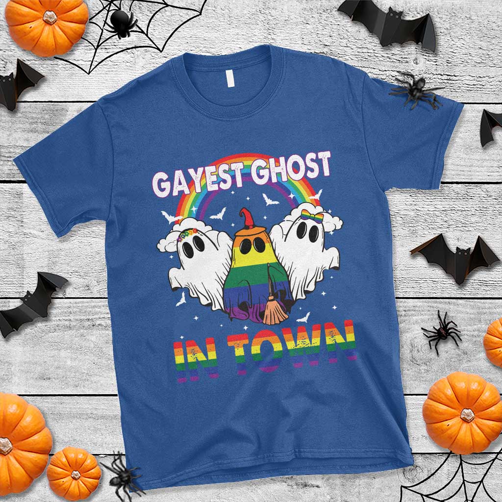 Funny Halloween LGBT T Shirt Gayest Ghost In Town Rainbow Flag - Wonder Print Shop