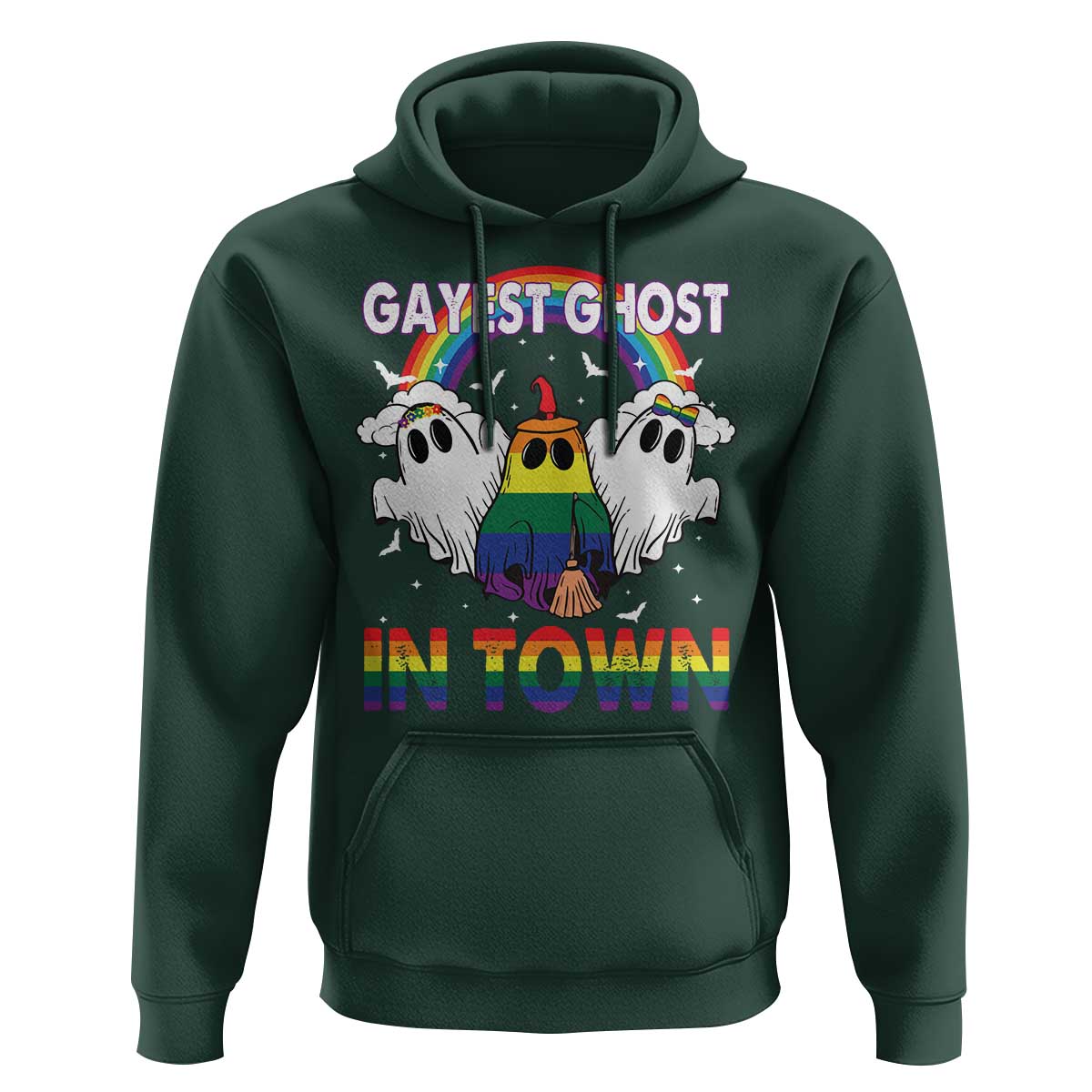 Funny Halloween LGBT Hoodie Gayest Ghost In Town Rainbow Flag