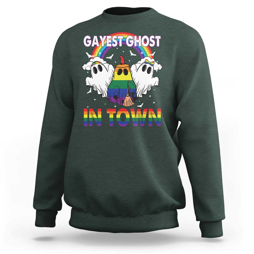 Funny Halloween LGBT Sweatshirt Gayest Ghost In Town Rainbow Flag - Wonder Print Shop
