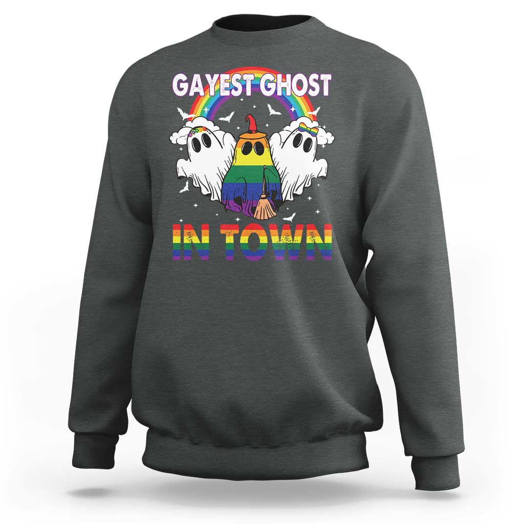 Funny Halloween LGBT Sweatshirt Gayest Ghost In Town Rainbow Flag - Wonder Print Shop