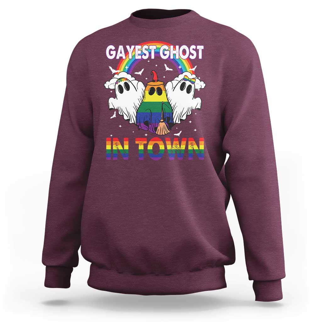 Funny Halloween LGBT Sweatshirt Gayest Ghost In Town Rainbow Flag - Wonder Print Shop