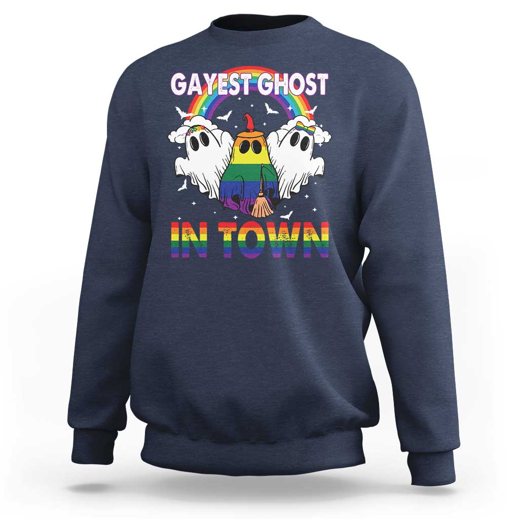 Funny Halloween LGBT Sweatshirt Gayest Ghost In Town Rainbow Flag - Wonder Print Shop