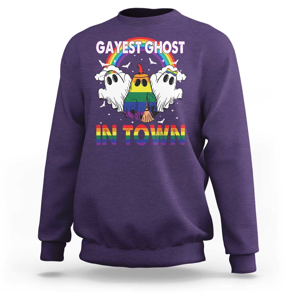 Funny Halloween LGBT Sweatshirt Gayest Ghost In Town Rainbow Flag - Wonder Print Shop