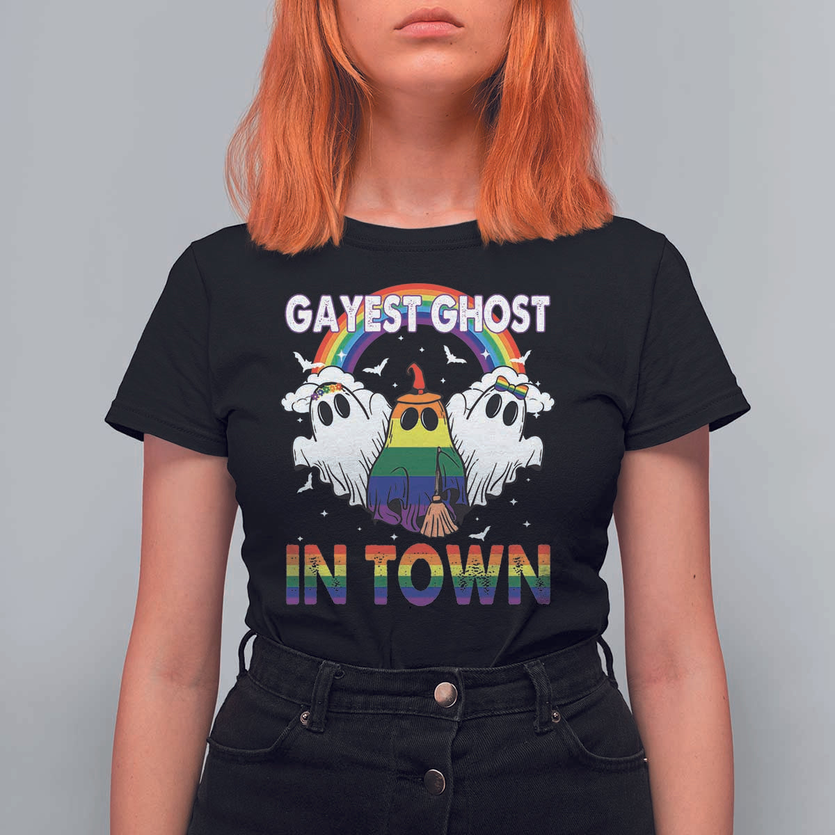 Funny Halloween LGBT T Shirt For Women Gayest Ghost In Town Rainbow Flag - Wonder Print Shop
