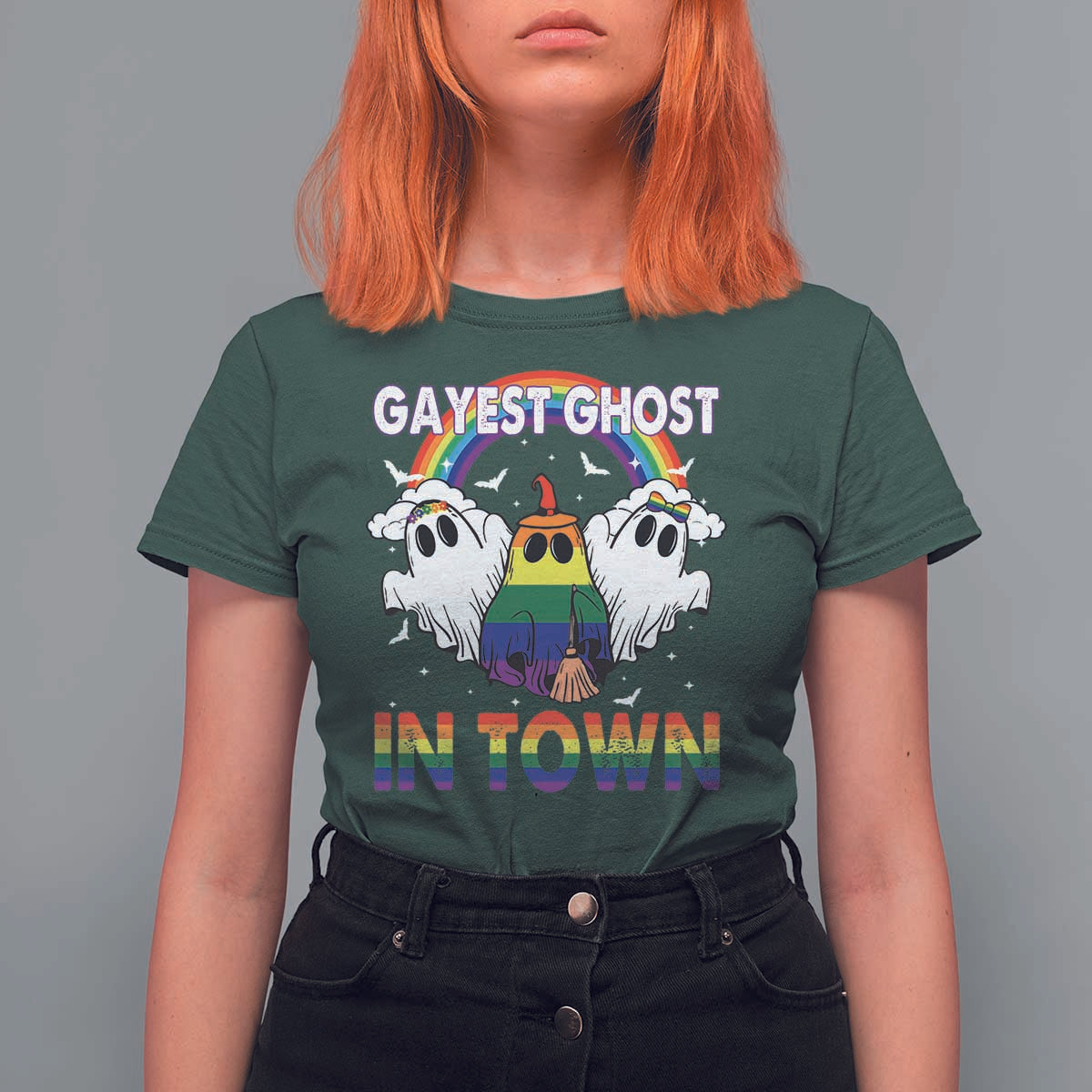 Funny Halloween LGBT T Shirt For Women Gayest Ghost In Town Rainbow Flag - Wonder Print Shop