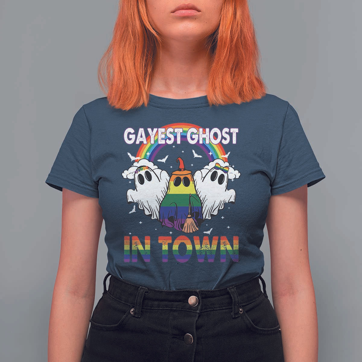 Funny Halloween LGBT T Shirt For Women Gayest Ghost In Town Rainbow Flag - Wonder Print Shop