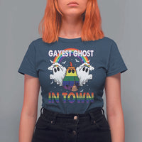 Funny Halloween LGBT T Shirt For Women Gayest Ghost In Town Rainbow Flag - Wonder Print Shop