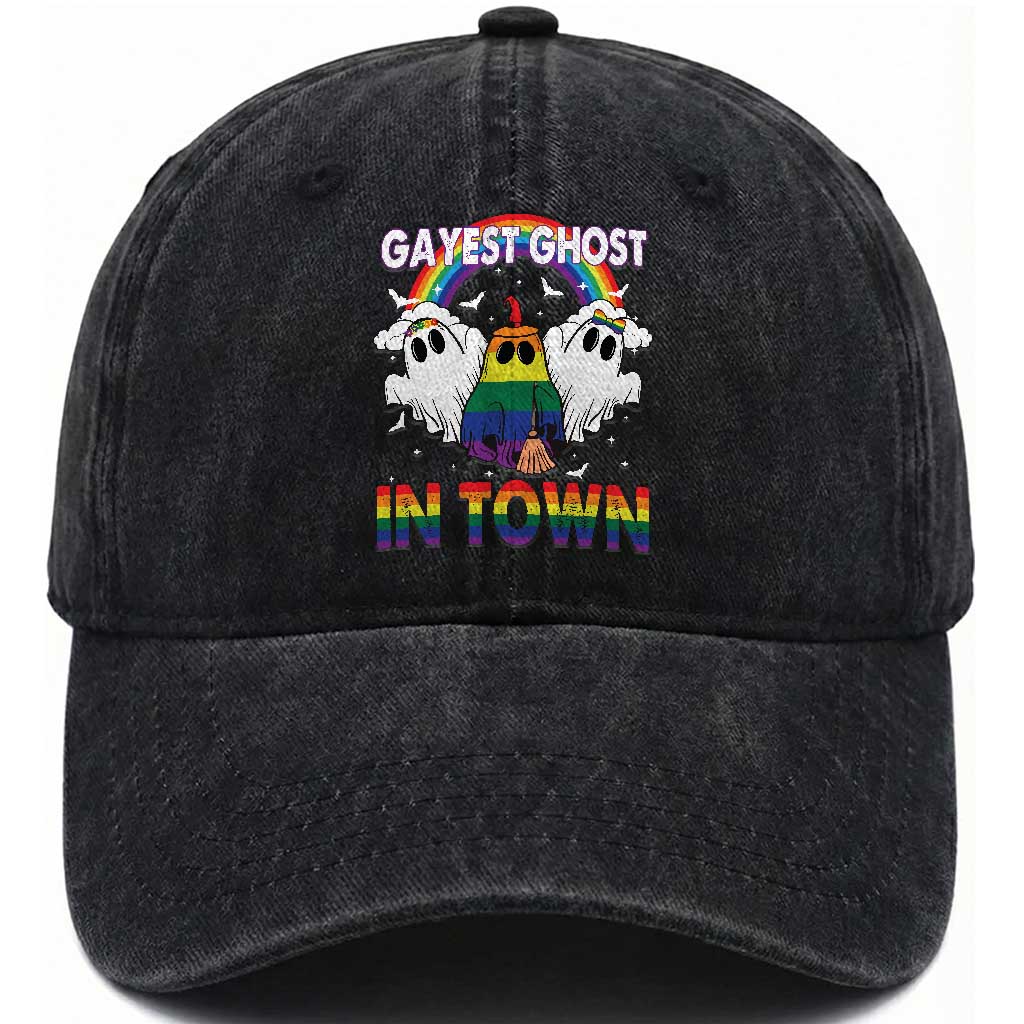 Funny Halloween LGBT Washed Cotton Baseball Cap Gayest Ghost In Town Rainbow Flag