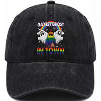 Funny Halloween LGBT Washed Cotton Baseball Cap Gayest Ghost In Town Rainbow Flag