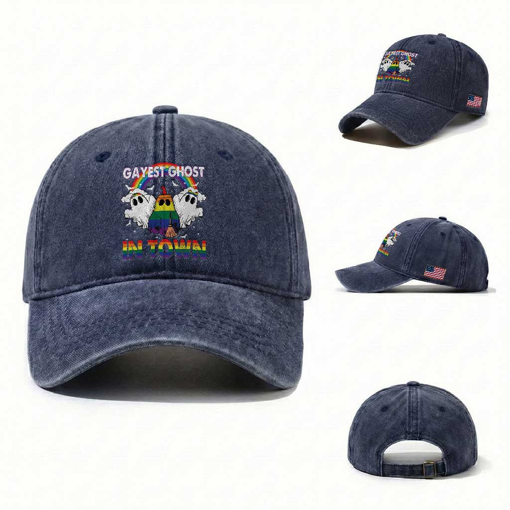 Funny Halloween LGBT Washed Cotton Baseball Cap Gayest Ghost In Town Rainbow Flag