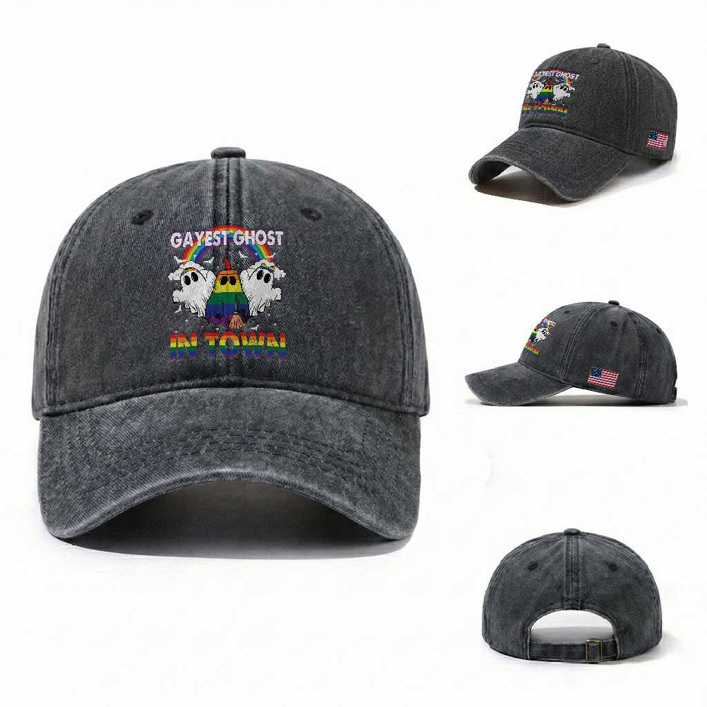 Funny Halloween LGBT Washed Cotton Baseball Cap Gayest Ghost In Town Rainbow Flag