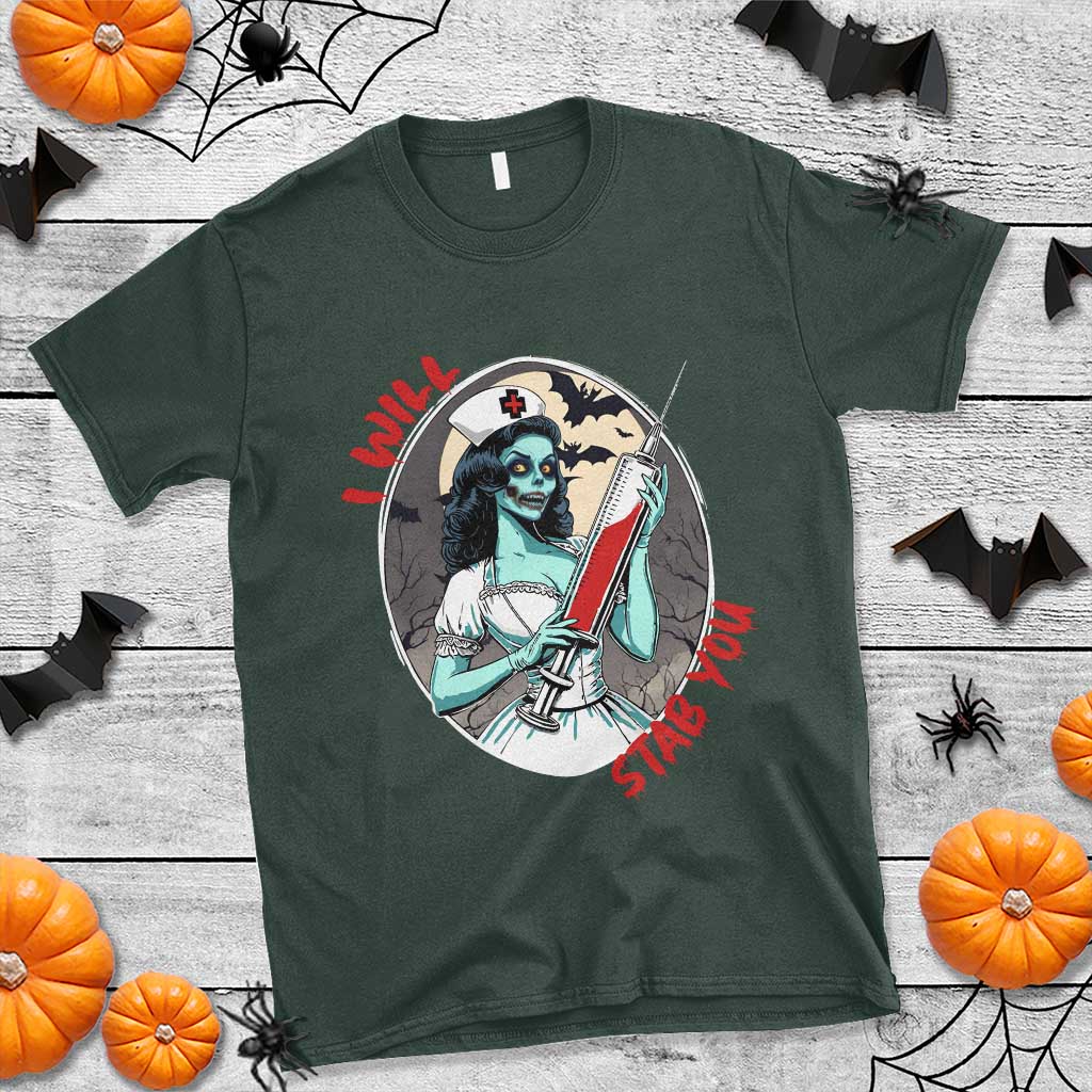 Funny Halloween Nurse T Shirt I Will Stab You Scary Zombie Needle Nurse - Wonder Print Shop