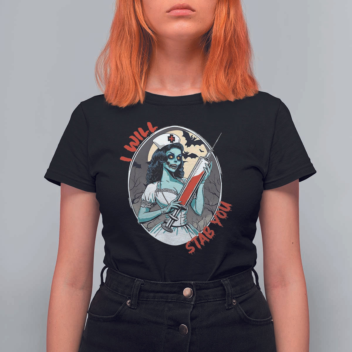 Funny Halloween Nurse T Shirt For Women I Will Stab You Scary Zombie Needle Nurse - Wonder Print Shop