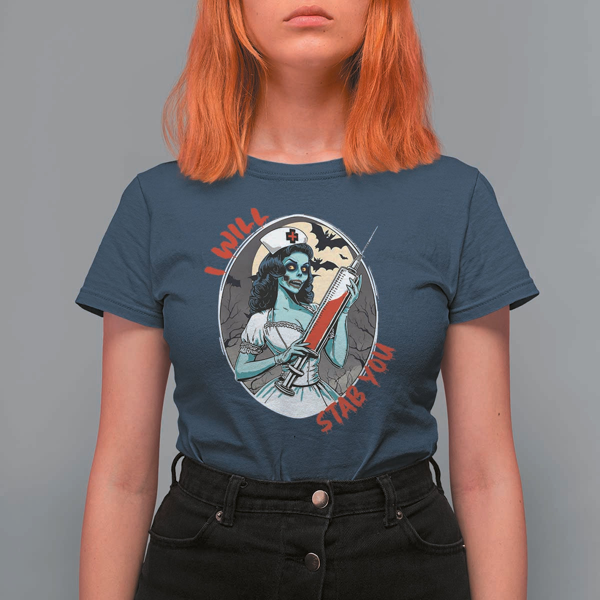 Funny Halloween Nurse T Shirt For Women I Will Stab You Scary Zombie Needle Nurse - Wonder Print Shop